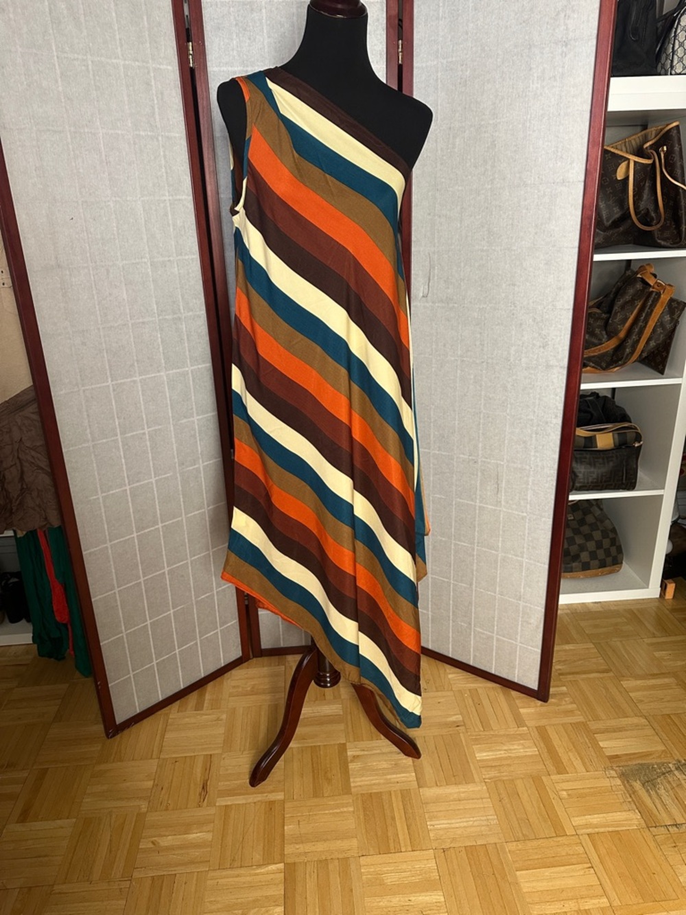 One-Shoulder Multicolor Striped Maxi Skirt